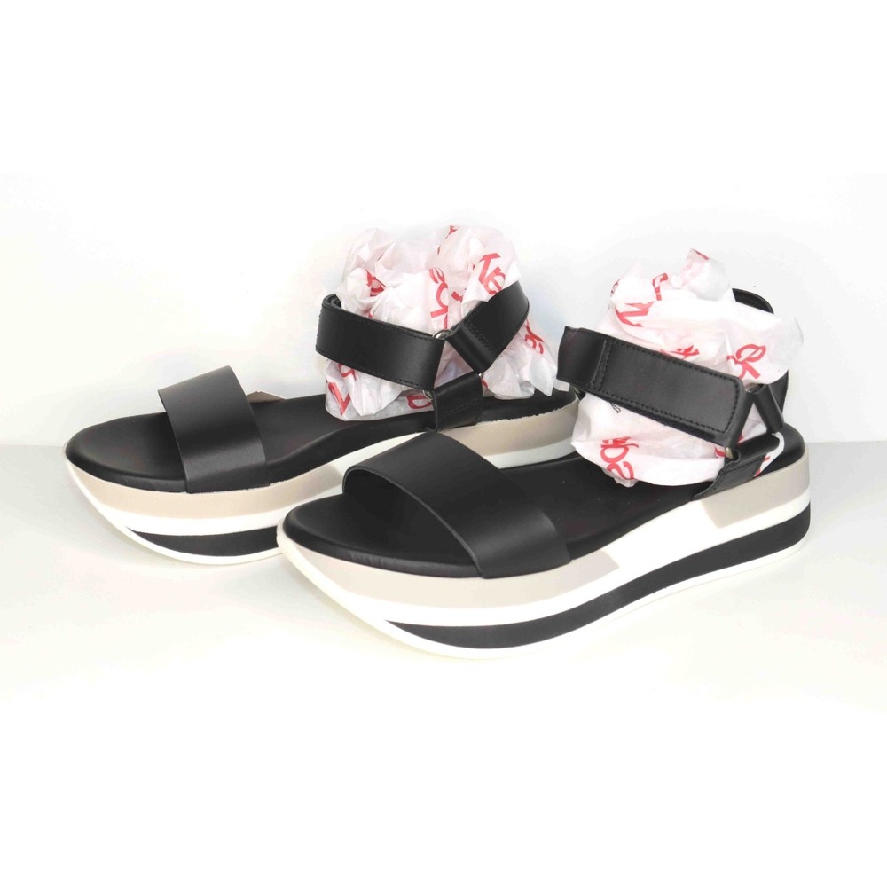 NWT Mila Paoli Black Platform Wedge Leather Strap‎ Sandals Italy Womens Size 7.5